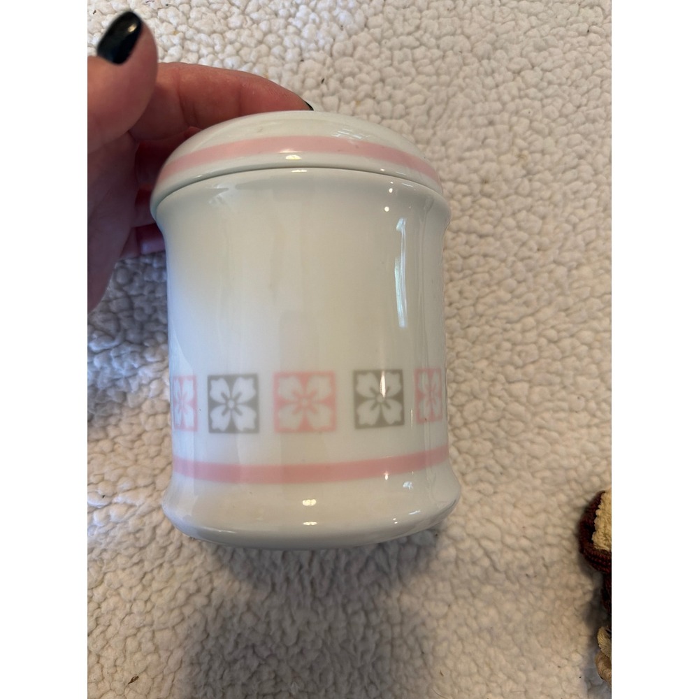 Vintage White Ceramic Canister with Lid Pink Grey Geometric Floral 4.5 Inch Jar